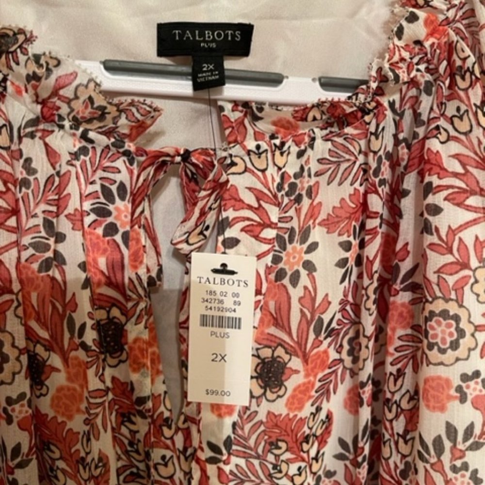 Talbots Coral and Cream Floral Peasant Blouse - Picture 3 of 5